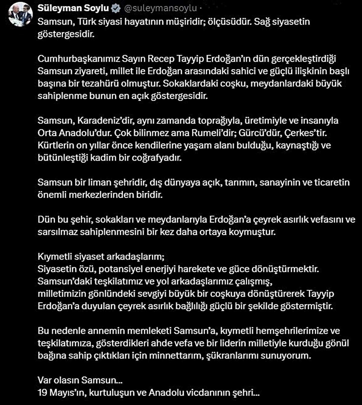 Süleyman Soylu: "Samsun, Türk siyasi hayatının müşiridir; ölçüsüdür"