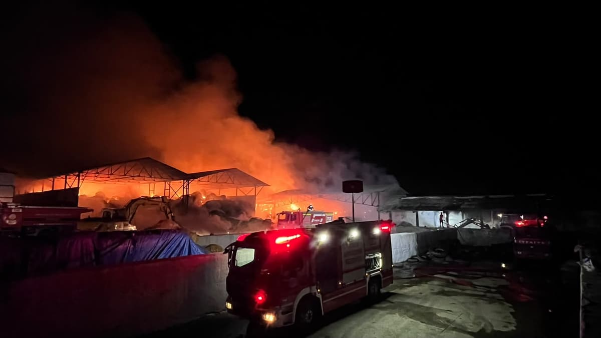 Samsun Bafra'da çiftlikteki saman deposunda çıkan yangına itfaiye müdahale ediyor