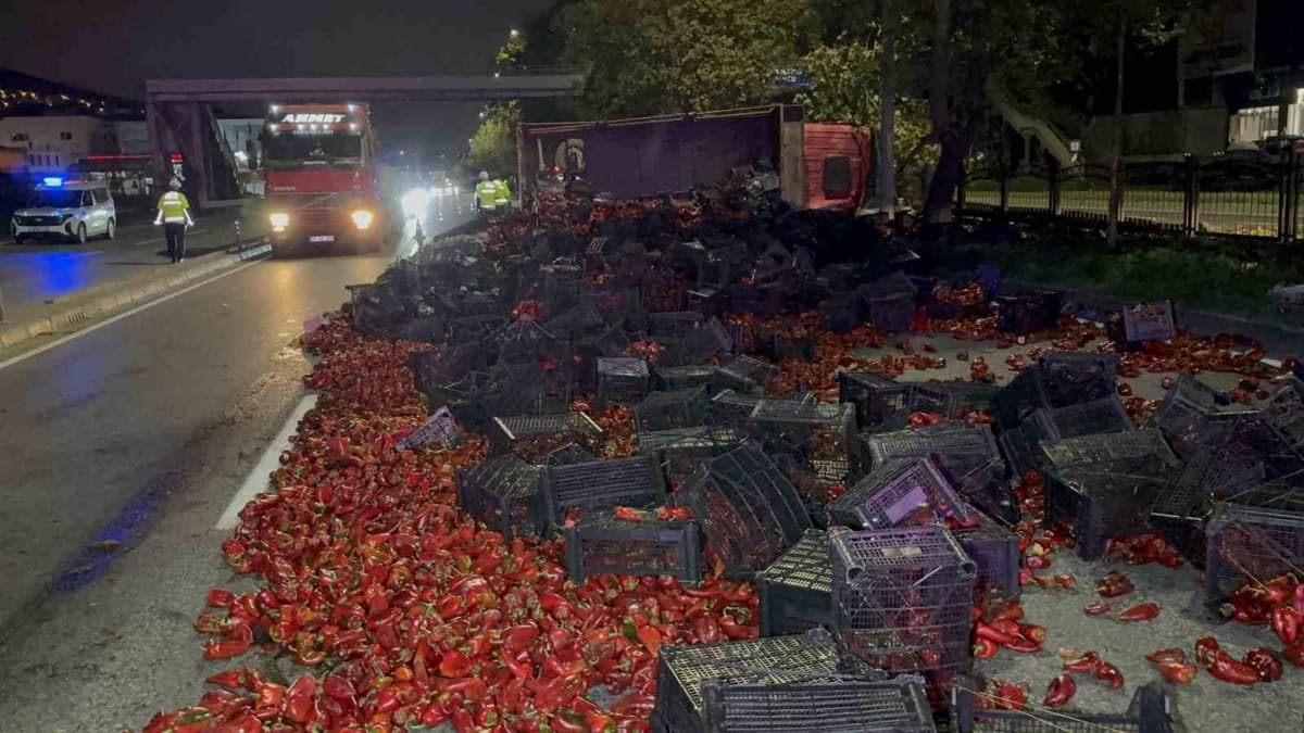 Samsun Tekkeköy'de devrilen kamyondaki 10 ton biber yola saçıldı, 2 kişi yaralandı